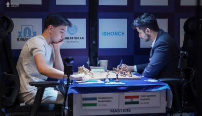 3rd UzChess Cup Masters 2026: Madaminov joins Vokhidov in the lead